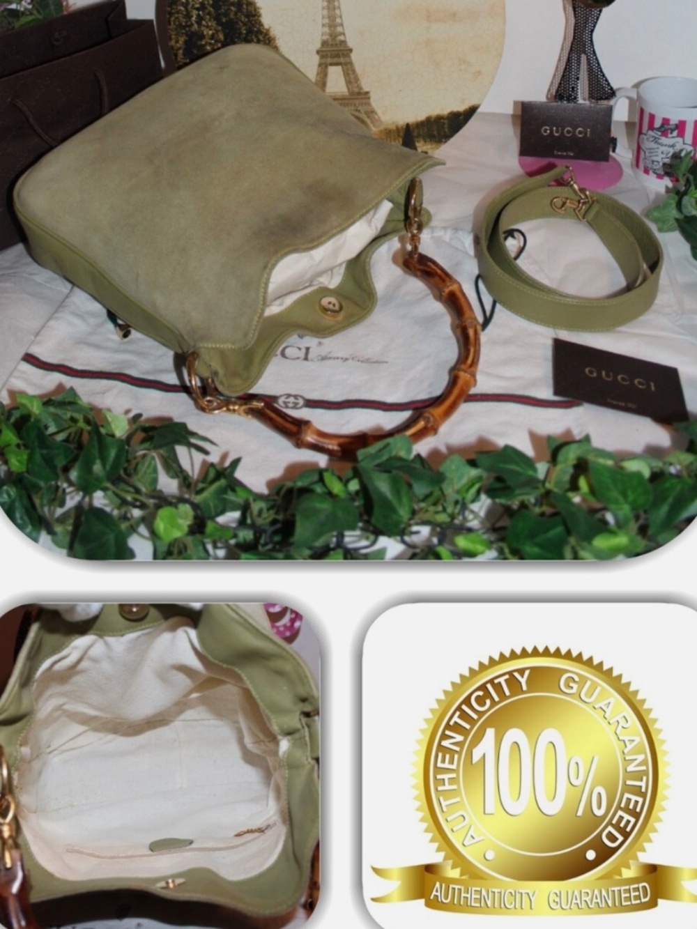 👀COUTURE GUCCI RARE GREEN SUEDE DIANA BAMBOO HANDLE HANDBAG! (TWO WAY) 👀